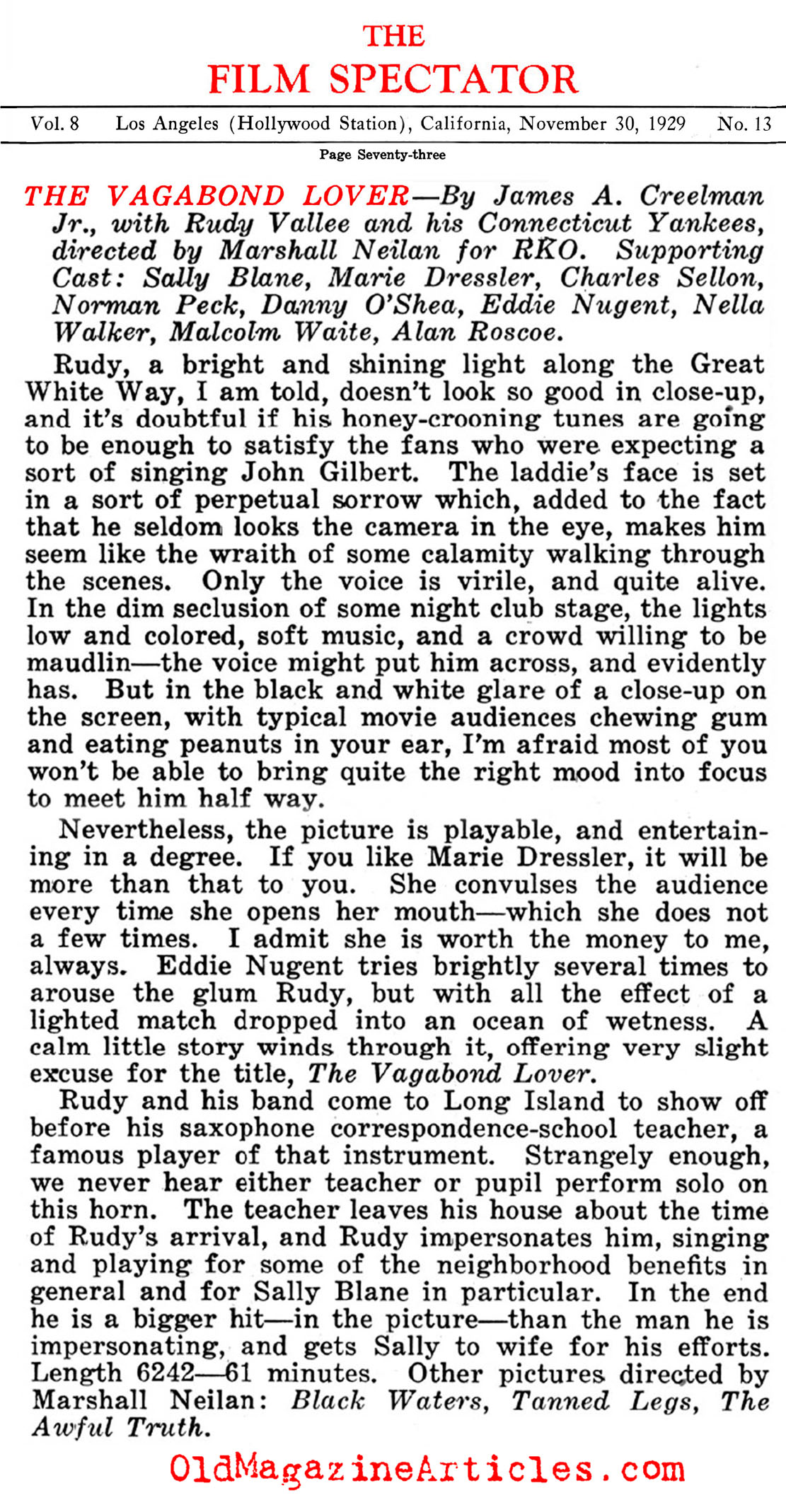 Rudy Vallee: 'Vagabond Lover' (Film Spectator, 1929)